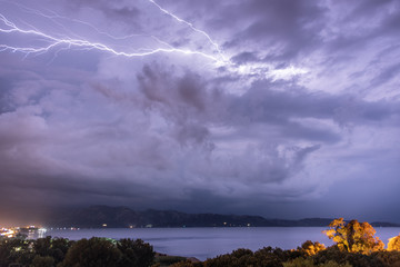 Lightning over the sea in the Gulf of Saint Florent, Corsica