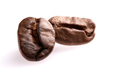 two coffee beans on white background. isolate. close up