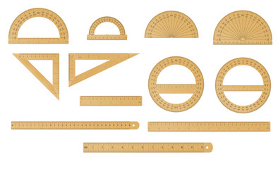 School set of wooden measure ruler, protractor and triangle in both imperial and metric units - obrazy, fototapety, plakaty