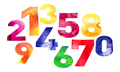 Bold numbers painted watercolor. Children's, colorful style. Blue, green, yellow, orange, red, purple numbers. Isolated objects on white background.