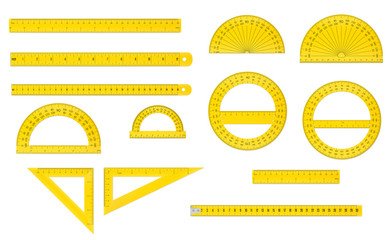 School set of plastic measure ruler, protractor and triangle in both imperial and metric units - obrazy, fototapety, plakaty