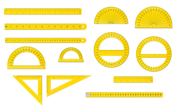 School set of plastic measure ruler, protractor and triangle in both imperial and metric units