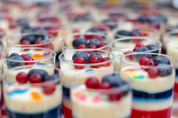  Milk dessert with blueberries. Glasses of dessert. Candy bar.