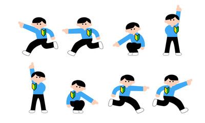 色々場所を指さす未経験者男性のイラストセット（デフォルメカラー）