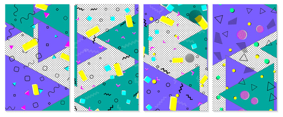Set of memphis pattern. Pop art color background.