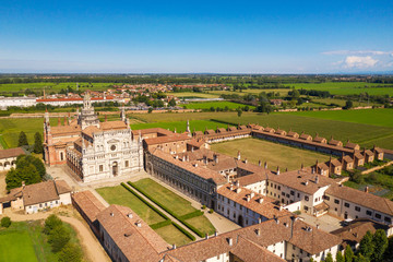 Naklejka premium Certosa di Pavia Gra-Car (Gratiarum Carthusia - Monastero di Santa Maria delle Grazie - Sec. XIV) - Aerial view