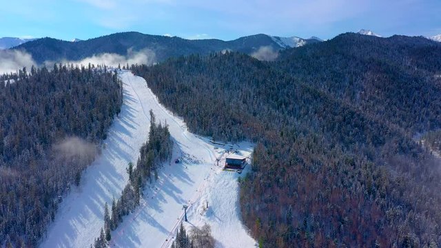 Aerial survey of the winter ski slopes. aerial survey