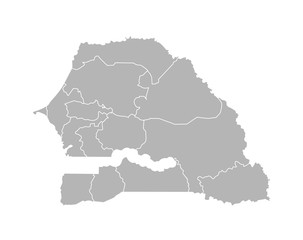 Vector isolated illustration of simplified administrative map of Senegal. Borders of the regions. Grey silhouettes. White outline