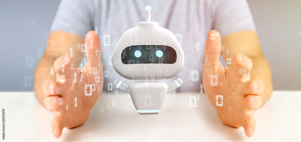 Poster businessman holding chatbot with binary code 3d rendering
