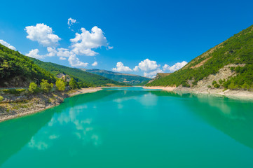 Fiastra lake and Lame Rosse canyon - Naturalistic wild attraction in the Monti Sibillini National Park, province of Macerata, Marche region, central Italy