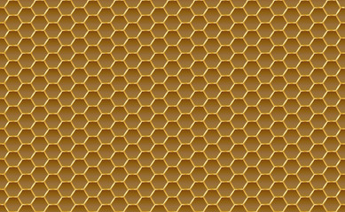 Gold honey hexagonal cells seamless texture. Mosaic or speaker fabric shape pattern. Golden honeyed comb grid texture and geometric hive hexagonal honeycombs. Vector illustration