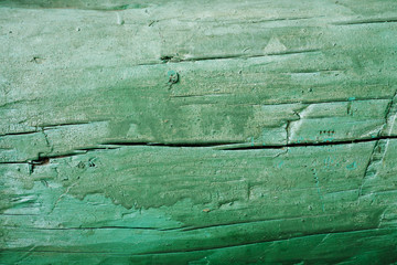 Green wooden log wall abstract texture, close-up shot