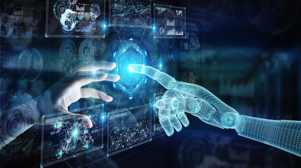 Wireframed robot hand and human hand touching digital graph interface on dark 3D rendering