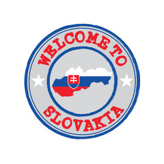 Vector stamp of welcome to Slovakia with map outline of the nation in center.