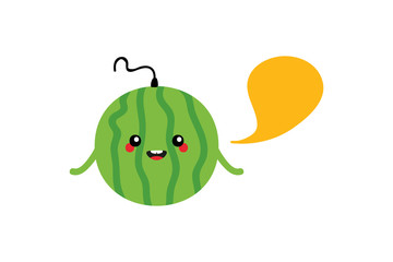 Cute and green watermelon character with speech bubble, talking, giving advice or information. 
