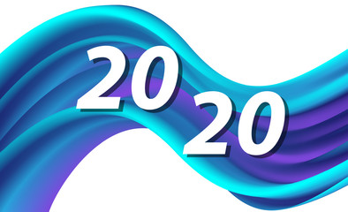 2020 New year sign on fashionable abstract 3D wave background. Vector illustration.