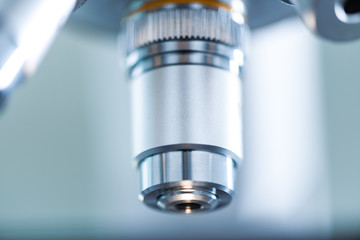 close-up of Microscope lens, science tools microscope in laboratory