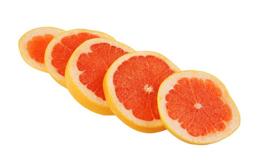Fototapeta na wymiar Fresh grapefruit slices in row isolated on white