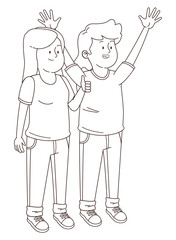 Teenagers friends smiling and having fun cartoon in black and white