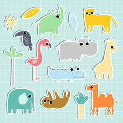 Set of funny wild animals stickers. Kids hand drawn graphic. Vector illustration.