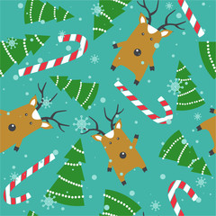 Colorful background with deers, fir trees, candy canes. Decorative cute backdrop vector. Happy New Year, seamless pattern with animals. Winter time