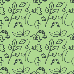 Flowers and leaves seamless pattern on light green background. Hand-drawn doodle vector illustration.