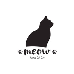 Meow. Cute illustration with cat silhouette. Happy cat day