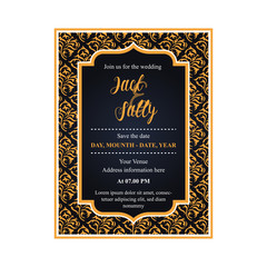 Wedding Invitation, invite card design with Geometrical art lines, gold foil border, frame. blue background. Luxury cards with gold texture and geometric pattern vector design template.