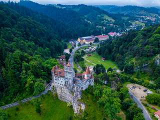 Aerial panorama view of the medieval Bran Castle, known for the myth of Dracula , Dracula Castle in...