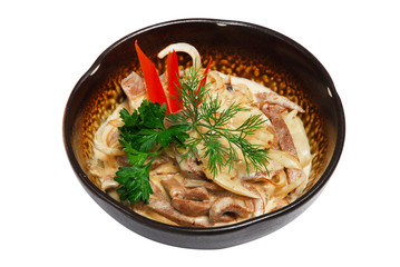 Bowl of mongolian beef on a white isolated background