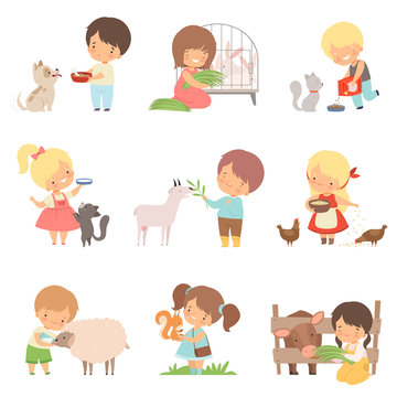 Cute Little Boys and Girls Feeding Animals Set, Adorable Kids Caring for Wild and Domestic Animals Cartoon Vector Illustration