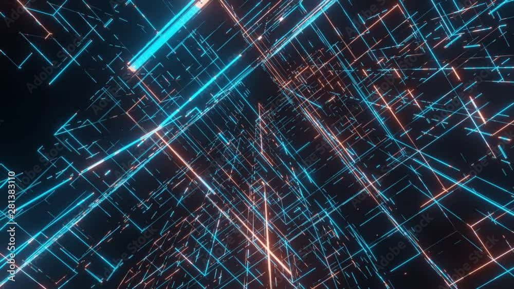 Poster seamless loop. camera pan across neon glow led dots and lines, traversing and navigating inside abst