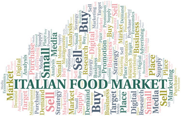 Italian Food Market word cloud. Vector made with text only.