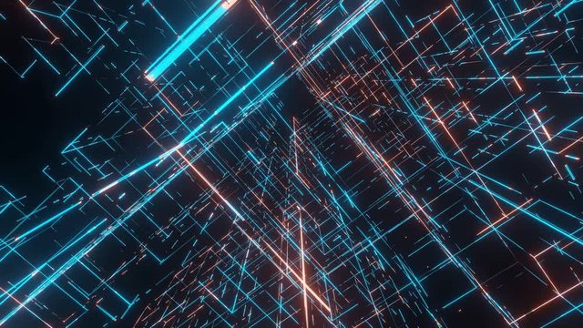 Seamless loop. Camera pan across neon glow led dots and lines, traversing and navigating inside abstract technology binary data. Concept of Big data, artificial intelligence, core ai, cpu processing