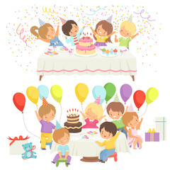 Happy Kids at Birthday Party Set, Cute Boys and Girls Sitting at Festive Table with Cake Vector Illustration