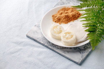 Eco friendly products for home cleaning, zero waste lifestyle, flat lay on white background....