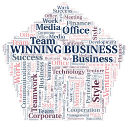 Winning Business word cloud. Collage made with text only.