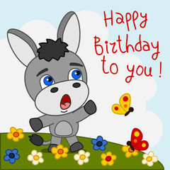 Cute little donkey singing song happy birthday to you - greeting card