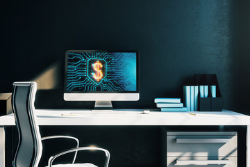 Desktop interior with computer, table and chair. Business drawing on screen. 3d rendering.
