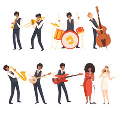 Obraz premium Jazz Band Group, Musicians Singing and Playing Trumpet, Banjo, Saxophone, Trombone, Drums, Guitar, Double Bass, Vector Illustration
