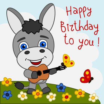 Funny donkey with guitar playing a song Happy birthday to you - greeting card