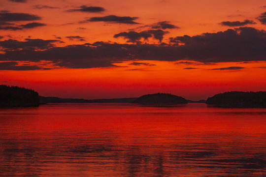 red sunset over the Saima Lake, Lappeenranta, Finland