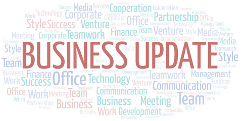 Business Update word cloud. Collage made with text only.