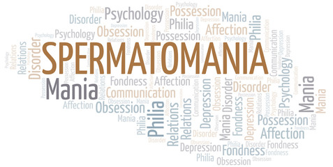 Spermatomania word cloud. Type of mania, made with text only.