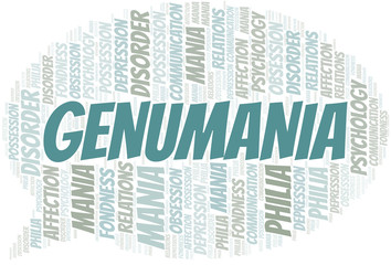 Genumania word cloud. Type of mania, made with text only.