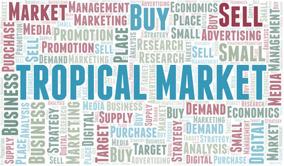 Tropical Market word cloud. Vector made with text only.