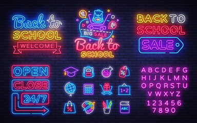 School neon icons set. Back to School Sale neon signs design template. Open Close Bright sign boards, light banner, Isolated icon. Vector Illustration © Ivan