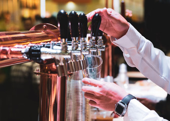 Bartender pouring draft beer in the bar, Barman hand at beer tap pouring draught lager beer serving in a restaurant or pub
