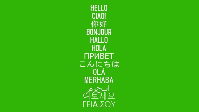 "Hello" word in 13 language. Isolated animated words, Italian, Chinese, French, German, Spanish, Russian, Japanese, Portuguese, Turkish, Arabic, Korean and Greek.