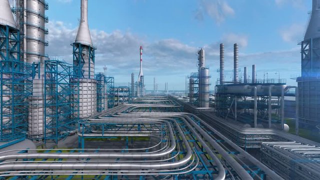 Oil and gas refinery plant factory, industry petroleum zone, pipe steel and oil storage tank at blue day sky. Abstract smooth camera move, aerial drone fly over plant shot. 3D generated image.